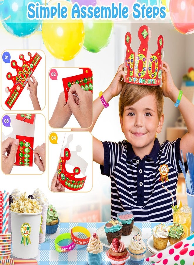 LACCHOUFEE 100 Days of Crowns, 90 Pcs Kits Include 100th Day Smarter Headbands, Rubber and Stickers, Paper Hats for Party Supplies - Image 2